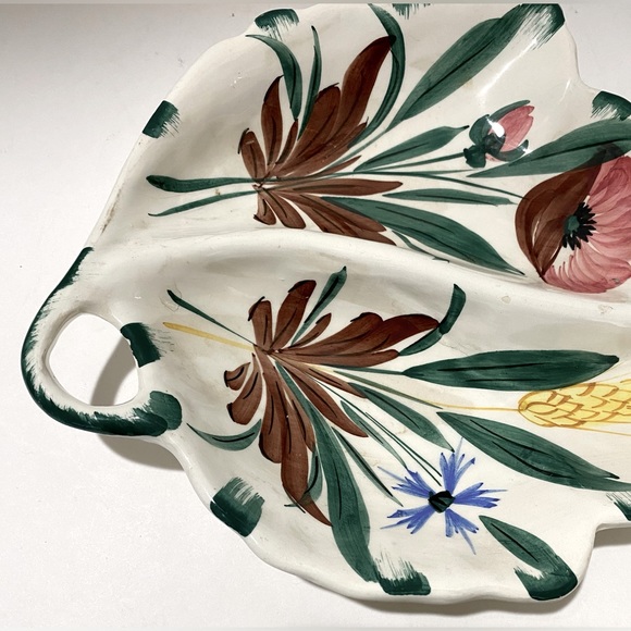 Vintage Mid-20th Century Italian Leaf Shape Pottery Divided Dish Floral Signed - Picture 2 of 5